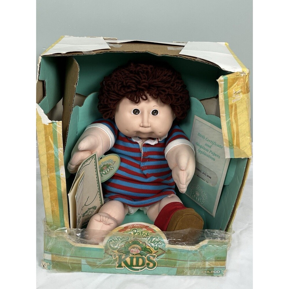 1987 Coleco Cabbage Patch Kids Boy Cedric NRFB Brown Hair Eye Striped Shirt Box